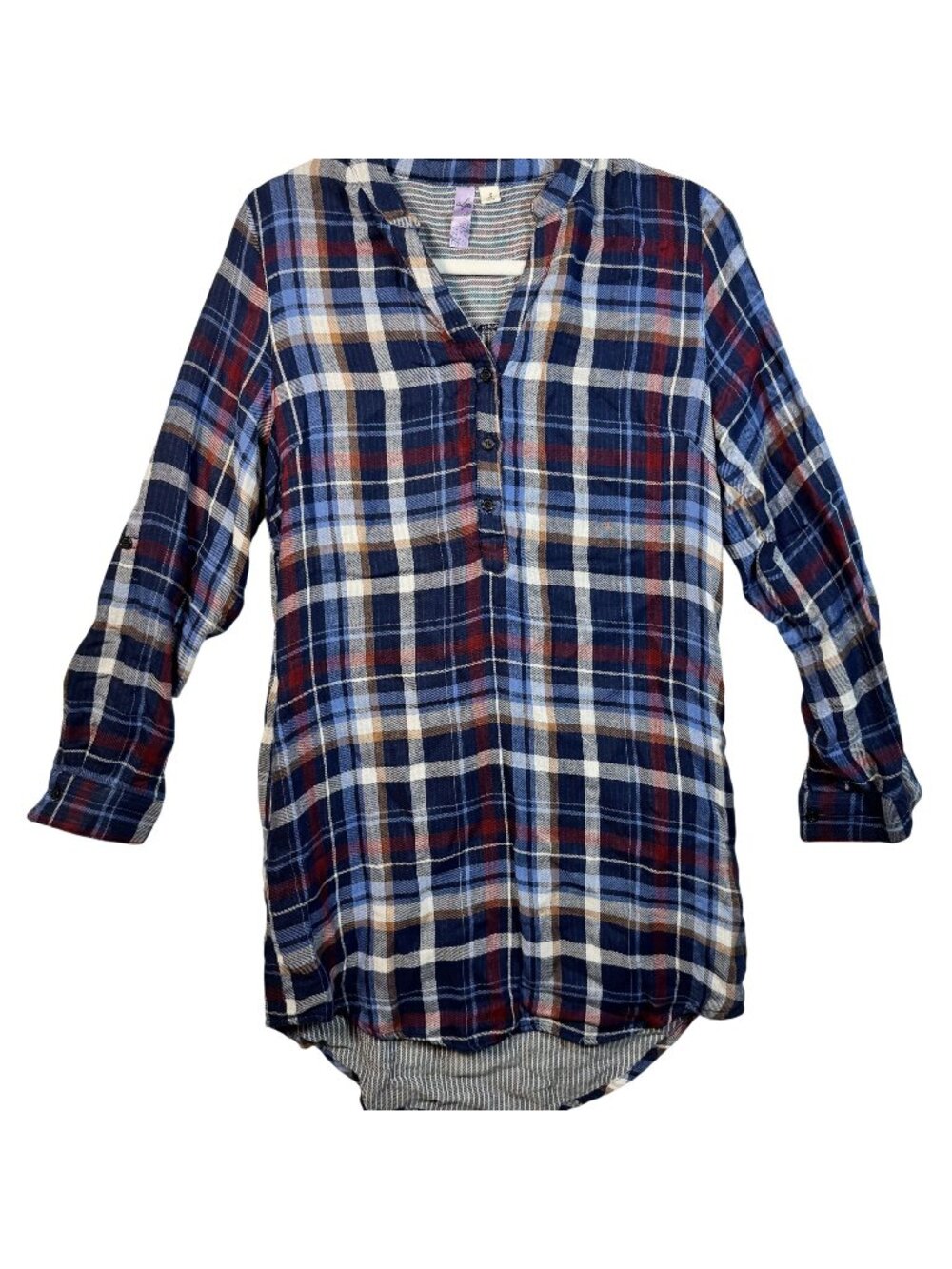 Alya Plaid Button-Front Shirt Dress Roll-Tab Sleeves Blue/Red/White Size S